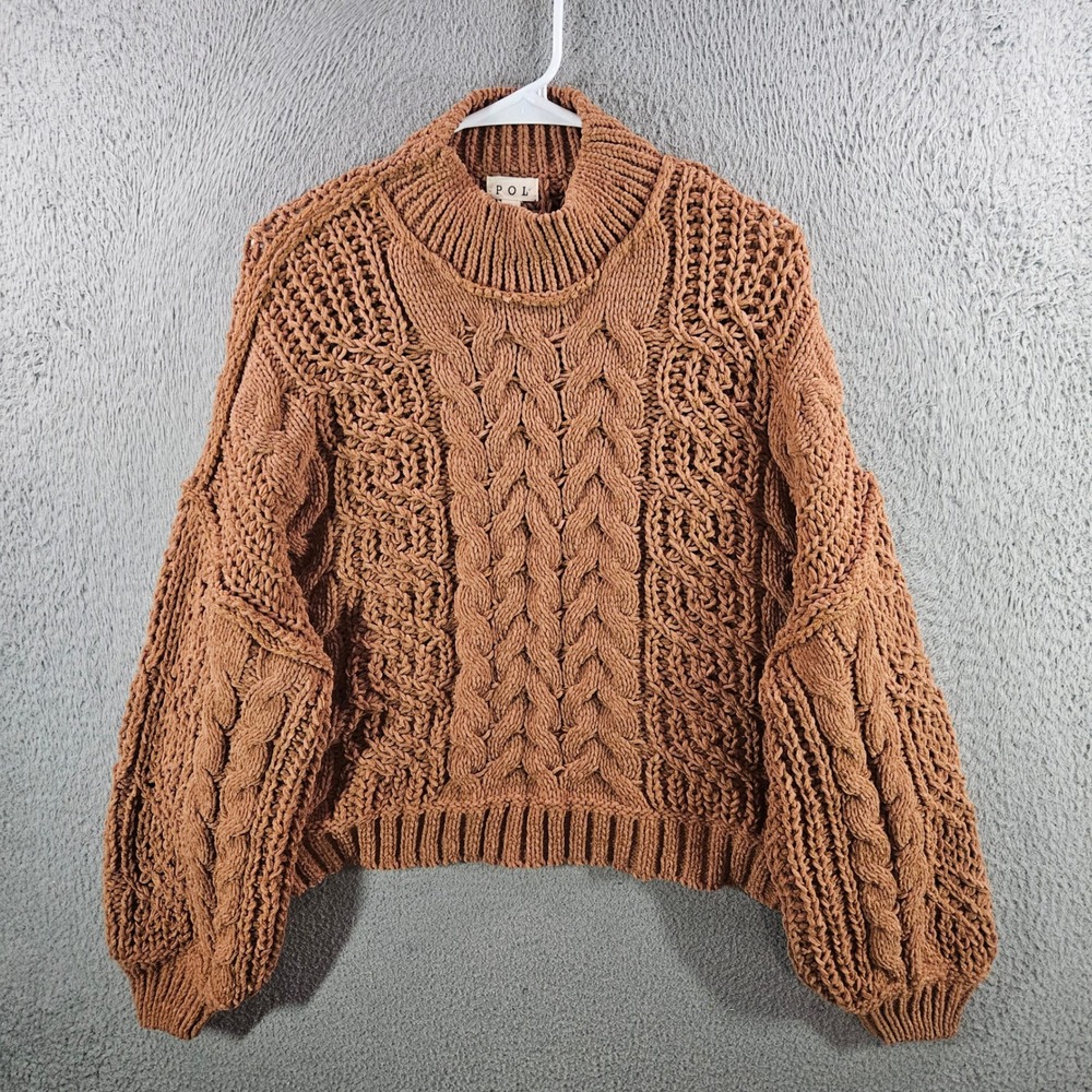 POL Womens Chunky Cable Knit Mock Neck Balloon Sleeve Sweater Brown Size M
